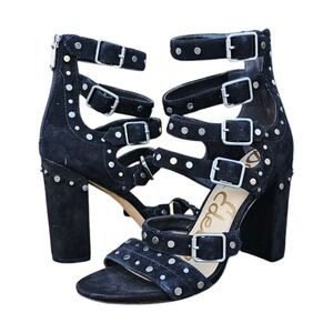 Sam Edelman‎ 8.5 York Black Strappy Suede Studded Block Heel Gladiator Buckles